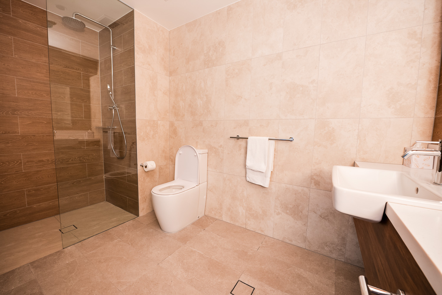Accessible bathroom with step-free shower, grab rail and basin