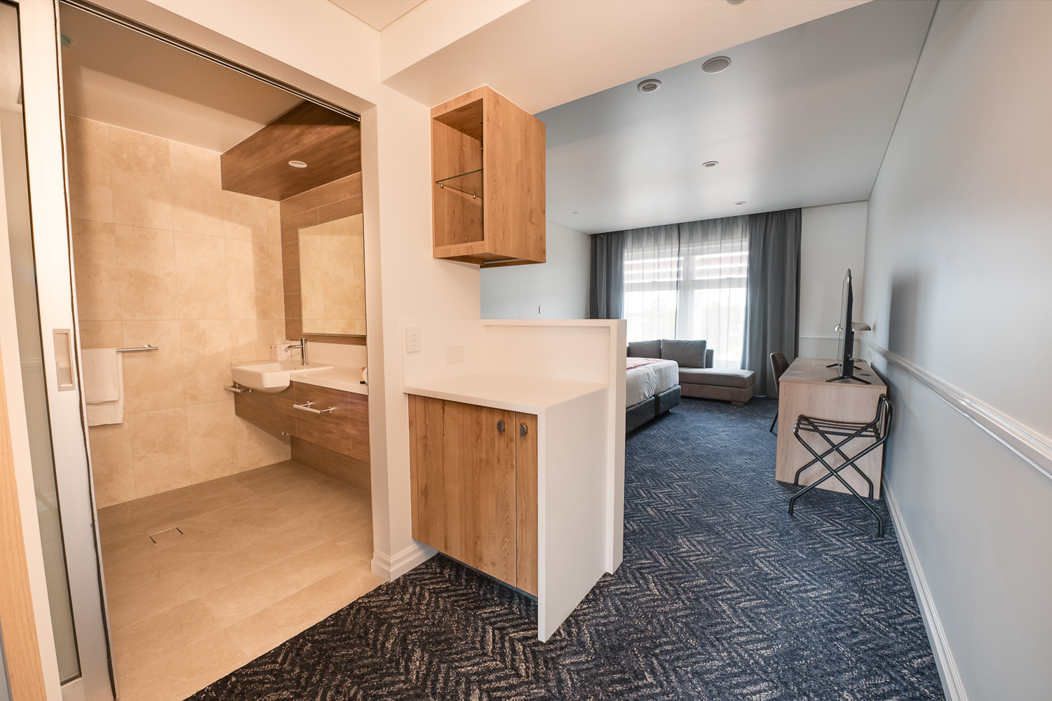 Step-free bathroom entry looking through to the suite
